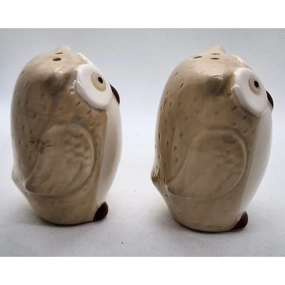 Pier 1 Owl Salt & Pepper Shaker Set Ceramic Beige Brown White Kitchen Decor